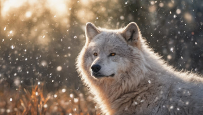 looking at viewer, blurry, no humans, animal, grass, dog, snowing, realistic, animal focus, wolf