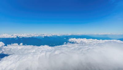 monochrome,outdoors,sky,day,cloud,blue sky,no humans,ocean,cloudy sky,scenery,blue theme,mountain,horizon,landscape,above clouds,water