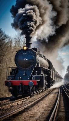 outdoors,sky,day,cloud,tree,military,no humans,ground vehicle,nature,scenery,motor vehicle,forest,smoke,realistic,aircraft,military vehicle,vehicle focus,damaged,train,world war ii,railroad tracks,1boy,multiple boys,train station