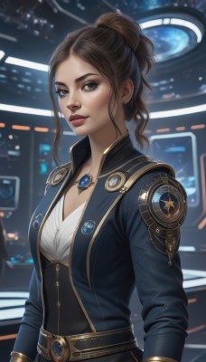 1girl,solo,long hair,breasts,looking at viewer,brown hair,long sleeves,cleavage,brown eyes,jewelry,medium breasts,closed mouth,jacket,upper body,ponytail,earrings,belt,necklace,lips,makeup,lipstick,gem,freckles,nose,red lips,mole,blurry,mole under eye,realistic,emblem