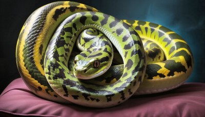 HQ,looking at viewer,closed mouth,pillow,no humans,animal,snake,realistic,scales,animal focus,oversized animal,solo,tail,full body,closed eyes,lying,bed,glowing,bed sheet,on side,sleeping,black background,lamia