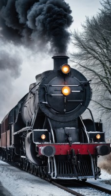 outdoors,sky,tree,military,no humans,ground vehicle,motor vehicle,snow,smoke,military vehicle,tank,winter,vehicle focus,bare tree,caterpillar tracks,day,cloud,cloudy sky,robot,science fiction,fog,train,grey sky,railroad tracks