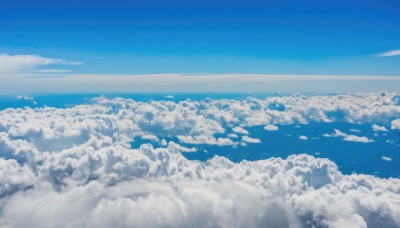 monochrome,outdoors,sky,day,cloud,water,blue sky,no humans,ocean,cloudy sky,scenery,blue theme,horizon,above clouds