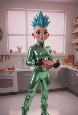 1girl,solo,breasts,looking at viewer,blush,short hair,gloves,holding,brown eyes,jewelry,blue hair,standing,full body,earrings,food,green hair,black gloves,indoors,window,aqua hair,bodysuit,spiked hair,skin tight,shiny clothes,black bodysuit,latex,kitchen,latex bodysuit,green bodysuit,smile,small breasts,boots