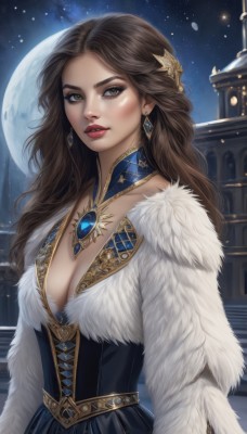 1girl,solo,long hair,breasts,looking at viewer,large breasts,brown hair,hair ornament,dress,cleavage,brown eyes,jewelry,medium breasts,upper body,earrings,outdoors,parted lips,sky,choker,artist name,necklace,lips,fur trim,makeup,night,watermark,wavy hair,moon,lipstick,brooch,gem,star (sky),night sky,corset,full moon,pendant,starry sky,gold trim,realistic,nose,red lips,long sleeves,teeth,stairs