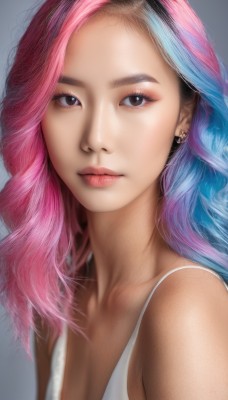 1girl,solo,long hair,breasts,looking at viewer,simple background,cleavage,bare shoulders,brown eyes,jewelry,closed mouth,blue hair,collarbone,upper body,pink hair,multicolored hair,earrings,black eyes,two-tone hair,lips,eyelashes,makeup,piercing,tank top,ear piercing,portrait,eyeshadow,realistic,nose,grey background,wavy hair