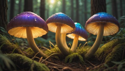 outdoors,day,blurry,tree,no humans,depth of field,blurry background,sunlight,grass,plant,nature,scenery,forest,mushroom,moss,water drop,realistic