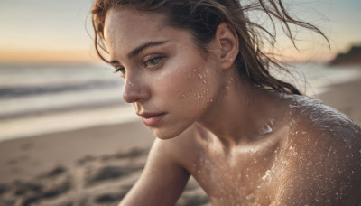 solo, long hair, blue eyes, brown hair, 1boy, male focus, water, blurry, lips, wet, realistic