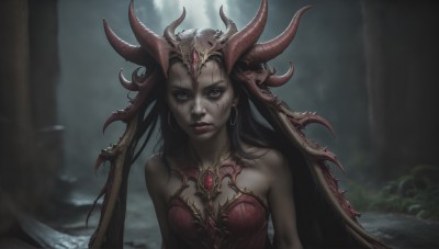 HQ,1girl,solo,long hair,breasts,looking at viewer,blue eyes,black hair,red eyes,bare shoulders,brown eyes,jewelry,medium breasts,closed mouth,upper body,earrings,outdoors,horns,blurry,lips,strapless,makeup,blurry background,colored skin,facial mark,nature,hoop earrings,red lips,orange eyes,monster girl,realistic