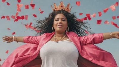 1girl,solo,long hair,breasts,large breasts,black hair,dress,jewelry,jacket,upper body,earrings,lying,parted lips,open clothes,dark skin,necklace,white dress,black eyes,bracelet,dark-skinned female,lips,coat,petals,ring,outstretched arms,crown,curly hair,hoop earrings,realistic,spread arms,pink jacket,very dark skin,dreadlocks,looking at viewer,shirt,white shirt,wind