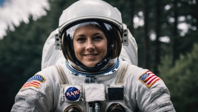 solo,looking at viewer,smile,black hair,1boy,upper body,male focus,teeth,grin,blurry,black eyes,depth of field,blurry background,helmet,meme,realistic,american flag,spacesuit,japanese flag,united states,astronaut,outdoors,reflection,space helmet