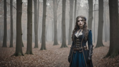 1girl,solo,long hair,breasts,looking at viewer,blue eyes,skirt,brown hair,hair ornament,gloves,long sleeves,dress,jewelry,medium breasts,standing,outdoors,choker,belt,hair flower,necklace,armor,vest,tree,lips,blue skirt,blue dress,wavy hair,gauntlets,nature,buckle,pendant,forest,arms at sides,brown belt,flower,coat,scenery,pouch,red lips