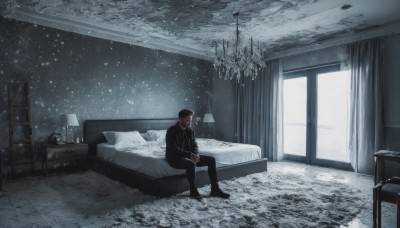 solo,short hair,shirt,black hair,long sleeves,1boy,sitting,closed mouth,jacket,male focus,necktie,pants,indoors,black footwear,black jacket,pillow,window,bed,facial hair,on bed,chair,black pants,formal,table,own hands together,suit,curtains,scenery,black necktie,snow,snowing,lamp,bedroom,wide shot,winter,painting (object),hat,shoes,phone,bench,hands on lap