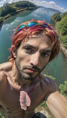 solo,looking at viewer,brown hair,1boy,closed mouth,nipples,green eyes,upper body,male focus,outdoors,sky,day,cloud,signature,water,orange hair,tree,blue sky,lips,facial hair,pectorals,goggles,beard,reflection,goggles on head,topless male,realistic,mustache,chest hair,river,arm hair,blue eyes,multicolored hair,nature