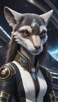 1girl,solo,long hair,breasts,looking at viewer,smile,brown hair,animal ears,brown eyes,jewelry,closed mouth,jacket,upper body,artist name,signature,orange eyes,brooch,gem,furry,colored sclera,science fiction,furry female,space,body fur,forehead jewel,planet,animal nose,whiskers,earth (planet),small breasts,no humans,heterochromia,animal,star (sky),realistic,animal focus