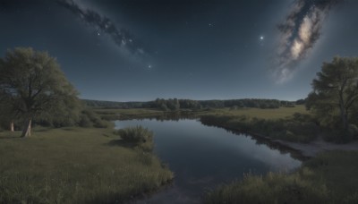 outdoors,sky,cloud,water,tree,no humans,night,grass,star (sky),nature,night sky,scenery,forest,starry sky,reflection,river,landscape,lake,1girl,solo,long hair