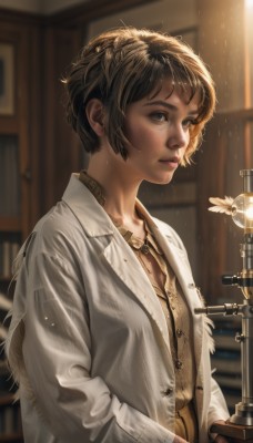 1girl,solo,short hair,bangs,brown hair,shirt,long sleeves,brown eyes,jewelry,upper body,braid,parted lips,indoors,necklace,blurry,lips,coat,wet,book,window,depth of field,blurry background,sunlight,messy hair,freckles,rain,realistic,nose,bookshelf,wet hair,breasts,looking at viewer,blue eyes,holding,collarbone,jacket,open clothes,buttons,light,lamp