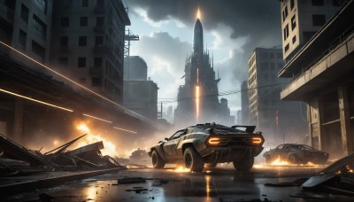 HQ,outdoors,sky,day,cloud,water,no humans,cloudy sky,fire,ground vehicle,building,scenery,motor vehicle,smoke,reflection,city,car,road,explosion,ruins,vehicle focus,skyscraper,debris,destruction,sparks,truck,signature,science fiction,realistic,sports car