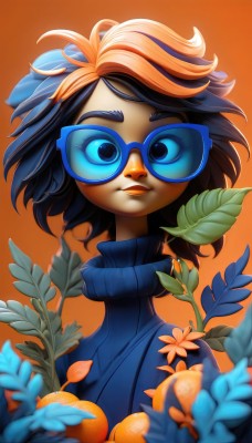 1girl,solo,looking at viewer,smile,short hair,blue eyes,simple background,brown hair,black hair,closed mouth,blue hair,upper body,flower,multicolored hair,food,glasses,artist name,orange hair,blurry,two-tone hair,sweater,lips,streaked hair,gradient,gradient background,makeup,fruit,turtleneck,leaf,plant,goggles,blurry foreground,turtleneck sweater,round eyewear,orange background,tinted eyewear,blue sweater,orange (fruit),mandarin orange,blue-framed eyewear,blue-tinted eyewear,watermark,sunglasses,lipstick,messy hair,web address,ribbed sweater,freckles,nose