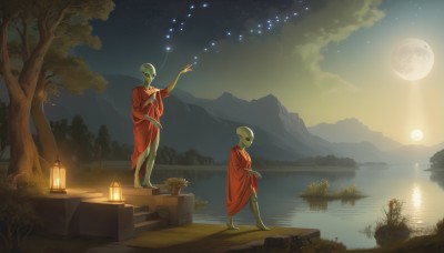 holding,standing,outdoors,sky,barefoot,cloud,wide sleeves,water,tree,night,glowing,moon,grass,plant,star (sky),nature,night sky,scenery,full moon,starry sky,reflection,robe,lantern,mountain,fantasy,multiple others,river,ambiguous gender,lake,fireflies,1girl,1boy,flower,mask,colored skin,1other,sun,lamp,skeleton,2others