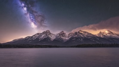 outdoors,sky,cloud,water,tree,no humans,night,grass,star (sky),nature,night sky,scenery,forest,starry sky,reflection,sunset,mountain,river,landscape,mountainous horizon,lake,shooting star,milky way