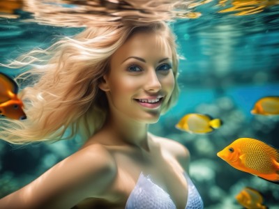 1girl,solo,long hair,breasts,looking at viewer,smile,open mouth,blue eyes,blonde hair,bare shoulders,medium breasts,swimsuit,bikini,teeth,water,lips,monster girl,fish,bubble,underwater,realistic,air bubble,mermaid,swimming,shell bikini,collarbone,upper body,blurry,floating hair,fangs,shell,clownfish