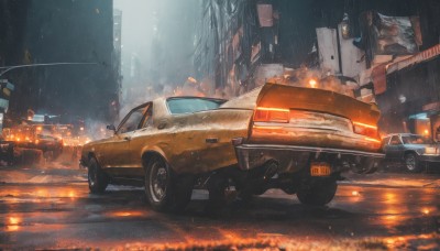 outdoors,no humans,night,fire,ground vehicle,building,scenery,motor vehicle,smoke,rain,city,car,road,vehicle focus,lamppost,street,sports car,truck,signature,science fiction,burning