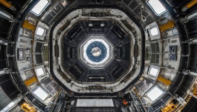 dutch angle,no humans,window,from above,scenery,science fiction,space,planet,spacecraft,spacesuit,solo,indoors,floating,machinery,reflection,monitor,cockpit