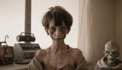 1girl,looking at viewer,short hair,bangs,brown hair,black hair,red eyes,bare shoulders,brown eyes,jewelry,collarbone,upper body,earrings,teeth,indoors,off shoulder,mole,window,blood,piercing,sharp teeth,curtains,monster,blood on face,realistic,camera,biting,horror (theme),underwear,bra,lips,injury,zombie