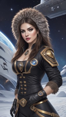 1girl,solo,long hair,breasts,looking at viewer,large breasts,brown hair,gloves,cleavage,brown eyes,jewelry,medium breasts,cowboy shot,earrings,sky,black gloves,belt,pants,signature,hood,necklace,star (symbol),armor,lips,coat,fur trim,eyelashes,makeup,black pants,lipstick,gem,star (sky),snow,pendant,starry sky,mountain,aircraft,nose,red lips,eyeliner,space,leather,planet,earth (planet),spacecraft,military,science fiction,realistic,emblem