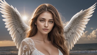 1girl,solo,long hair,breasts,looking at viewer,smile,large breasts,brown hair,dress,cleavage,brown eyes,closed mouth,collarbone,upper body,outdoors,wings,sky,cloud,water,white dress,blurry,lips,see-through,ocean,wavy hair,beach,sunlight,feathered wings,lens flare,sunset,angel wings,realistic,nose,white wings,sun,horizon,angel,day,blue sky,cloudy sky