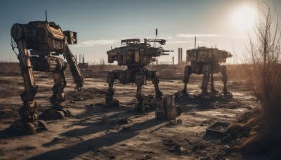 weapon,outdoors,sky,cloud,tree,gun,no humans,robot,scenery,mecha,science fiction,realistic,sun,ruins,desert,non-humanoid robot,day,signature,military,sunlight,ground vehicle,motor vehicle,sunset,cannon,military vehicle,tank,bare tree