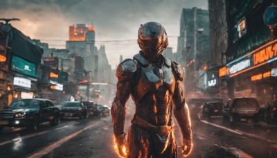 solo,1boy,standing,weapon,male focus,cowboy shot,outdoors,sky,cloud,armor,blurry,gun,bodysuit,glowing,helmet,ground vehicle,building,motor vehicle,science fiction,city,sign,car,road,police,street,road sign,power armor,traffic light,fire,clenched hands,realistic,cityscape,neon lights