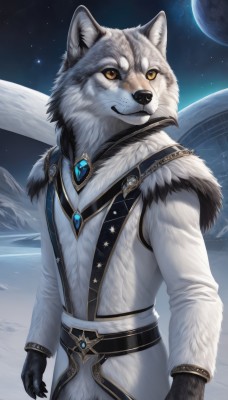 solo,smile,gloves,long sleeves,1boy,animal ears,jewelry,standing,yellow eyes,male focus,cowboy shot,outdoors,sky,belt,artist name,coat,orange eyes,fur trim,night,moon,looking up,brooch,gem,star (sky),night sky,claws,furry,snow,starry sky,furry male,white fur,planet,black fur,looking at viewer,teeth,black gloves,space,wolf,earth (planet)