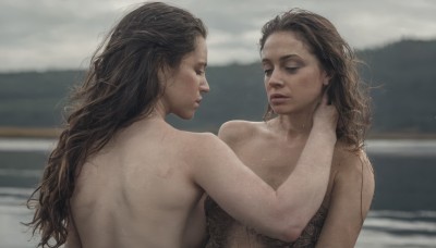 long hair,breasts,multiple girls,brown hair,black hair,2girls,medium breasts,closed eyes,upper body,nude,outdoors,parted lips,day,water,yuri,blurry,looking at another,lips,wet,blurry background,ocean,beach,topless,freckles,realistic,from behind,mole,sideboob,depth of field,back,messy hair