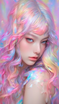 1girl,solo,long hair,looking at viewer,bangs,blue eyes,blonde hair,bare shoulders,closed mouth,blue hair,upper body,pink hair,multicolored hair,parted lips,artist name,lips,grey eyes,eyelashes,gradient hair,makeup,watermark,wavy hair,portrait,eyeshadow,pink lips,realistic,nose,eyeliner,colorful,mascara,rainbow hair,from side,freckles