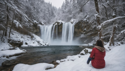 1girl, solo, long hair, black hair, gloves, sitting, outdoors, water, from behind, tree, coat, fur trim, nature, scenery, snow, winter clothes, facing away, winter, waterfall