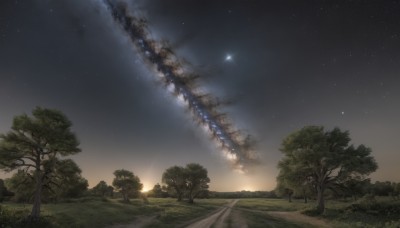 outdoors,sky,cloud,star (symbol),tree,no humans,night,grass,fire,star (sky),nature,night sky,scenery,forest,smoke,starry sky,sunset,road,shooting star,milky way