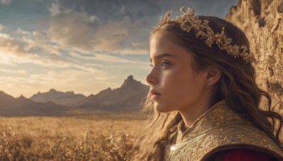 1girl,solo,long hair,brown hair,hair ornament,brown eyes,jewelry,upper body,flower,earrings,outdoors,sky,day,cloud,hair flower,from side,lips,profile,cloudy sky,portrait,scenery,mountain,realistic,nose,fantasy,looking afar,head wreath,field,landscape,mountainous horizon,tears,tree,sunlight,crown