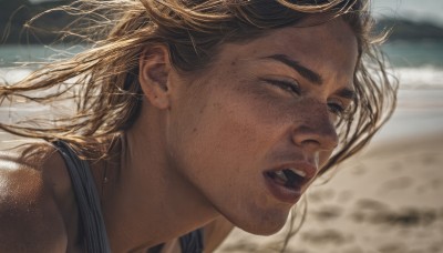 1girl,solo,long hair,open mouth,blonde hair,brown hair,bare shoulders,jewelry,closed eyes,earrings,outdoors,one eye closed,teeth,day,blurry,lips,floating hair,blurry background,beach,tank top,wind,messy hair,portrait,freckles,realistic,nose,sand,1boy,male focus,water,necklace,eyelashes,depth of field,ocean,shore