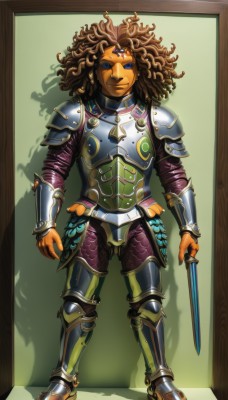 1girl,solo,long hair,blue eyes,brown hair,1boy,full body,weapon,male focus,sword,dark skin,armor,knife,gauntlets,androgynous,curly hair,breastplate,dagger,greaves,dreadlocks,orange skin,looking at viewer,smile,holding,standing,boots,holding weapon,shoulder armor,colored sclera,pauldrons,forehead jewel,faulds