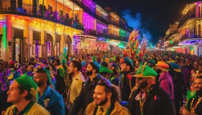 short hair,multiple girls,hat,jacket,outdoors,multiple boys,necktie,sky,blurry,mask,night,6+girls,formal,suit,building,6+boys,city,crowd,city lights,neon lights,people,depth of field,facial hair,night sky,scenery,cityscape,colorful,festival