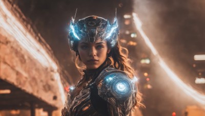 1girl,solo,long hair,looking at viewer,blue eyes,blonde hair,brown hair,upper body,horns,armor,blurry,lips,blurry background,glowing,headgear,wavy hair,helmet,science fiction,city,realistic,nose,black hair,depth of field,backlighting,cyborg,power armor