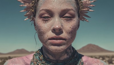 1girl,solo,looking at viewer,short hair,jewelry,closed mouth,green eyes,outdoors,sky,day,dark skin,necklace,blurry,dark-skinned female,blue sky,lips,wet,blurry background,portrait,realistic,desert,tribal,brown hair,black hair,brown eyes,eyelashes,half-closed eyes,close-up,freckles