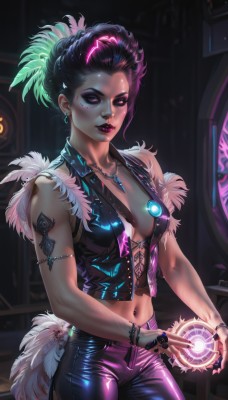 1girl,solo,breasts,looking at viewer,short hair,black hair,hair ornament,navel,cleavage,bare shoulders,jewelry,medium breasts,closed mouth,standing,collarbone,closed eyes,purple hair,multicolored hair,cowboy shot,earrings,green hair,sleeveless,midriff,shiny,pants,artist name,signature,dark skin,necklace,nail polish,mole,vest,bracelet,two-tone hair,dark-skinned female,lips,fingernails,fur trim,eyelashes,tattoo,makeup,glowing,black pants,piercing,ring,cross,feathers,lipstick,ear piercing,black nails,skin tight,armlet,eyeshadow,zipper,long fingernails,shiny clothes,asymmetrical hair,black vest,nose,red lips,magic,eyeliner,cross-laced clothes,feather hair ornament,arm tattoo,tight,leather,undercut,orb,purple lips,bustier,mascara,tight pants,thumb ring,leather pants,purple eyes,small breasts,parted lips,alternate costume,indoors,stomach,shiny skin,bare arms,mole under eye,no bra,alternate hairstyle,facial mark,gem,pendant,hoop earrings,realistic,center opening,purple nails,stud earrings,open vest,cropped vest