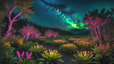 flower, outdoors, sky, tree, no humans, night, grass, star (sky), nature, night sky, scenery, forest, starry sky