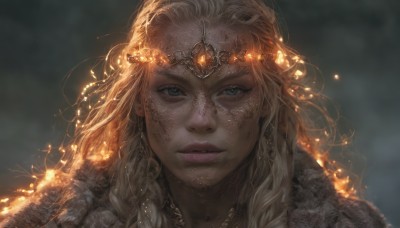 1girl,solo,long hair,looking at viewer,blue eyes,blonde hair,jewelry,closed mouth,braid,white hair,parted lips,necklace,blurry,lips,eyelashes,depth of field,blurry background,fire,portrait,freckles,circlet,realistic,dirty,embers,fur trim,nose