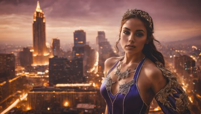 1girl,solo,long hair,breasts,looking at viewer,brown hair,black hair,dress,cleavage,bare shoulders,jewelry,medium breasts,upper body,small breasts,outdoors,detached sleeves,sky,necklace,lips,building,scenery,city,realistic,cityscape,city lights,brown eyes,earrings,parted lips,cloud,dark skin,blue dress,tiara