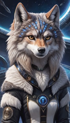 1girl,solo,looking at viewer,animal ears,brown eyes,jewelry,jacket,yellow eyes,upper body,artist name,signature,collar,coat,orange eyes,fur trim,no humans,animal,looking up,gem,star (sky),furry,starry sky,science fiction,fur collar,dog,furry female,space,planet,alien,spacecraft,breasts,closed mouth,sky,wolf