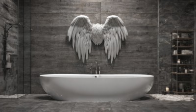 solo,monochrome,greyscale,wings,indoors,water,no humans,scenery,feathered wings,1other,angel wings,white wings,angel,bathtub,ambiguous gender,1girl,long hair,1boy,standing,weapon,from behind,tree,bowl,tiles,wall,tile floor,wide shot,tile wall